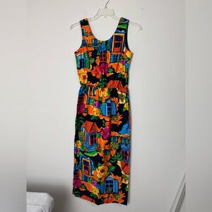 Vintage Alexander Campbell Long S/L Hawaiian Dress Bright Colors 100% Cotton USA